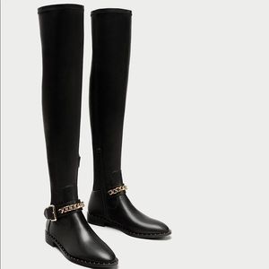 Zara SOLD OUT, Over the Knee Leather Chain Boots.